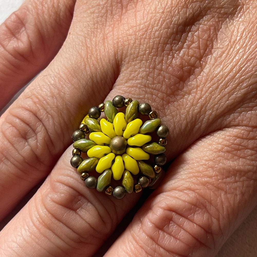 Yellow Floral Czech Glass Beaded Ring